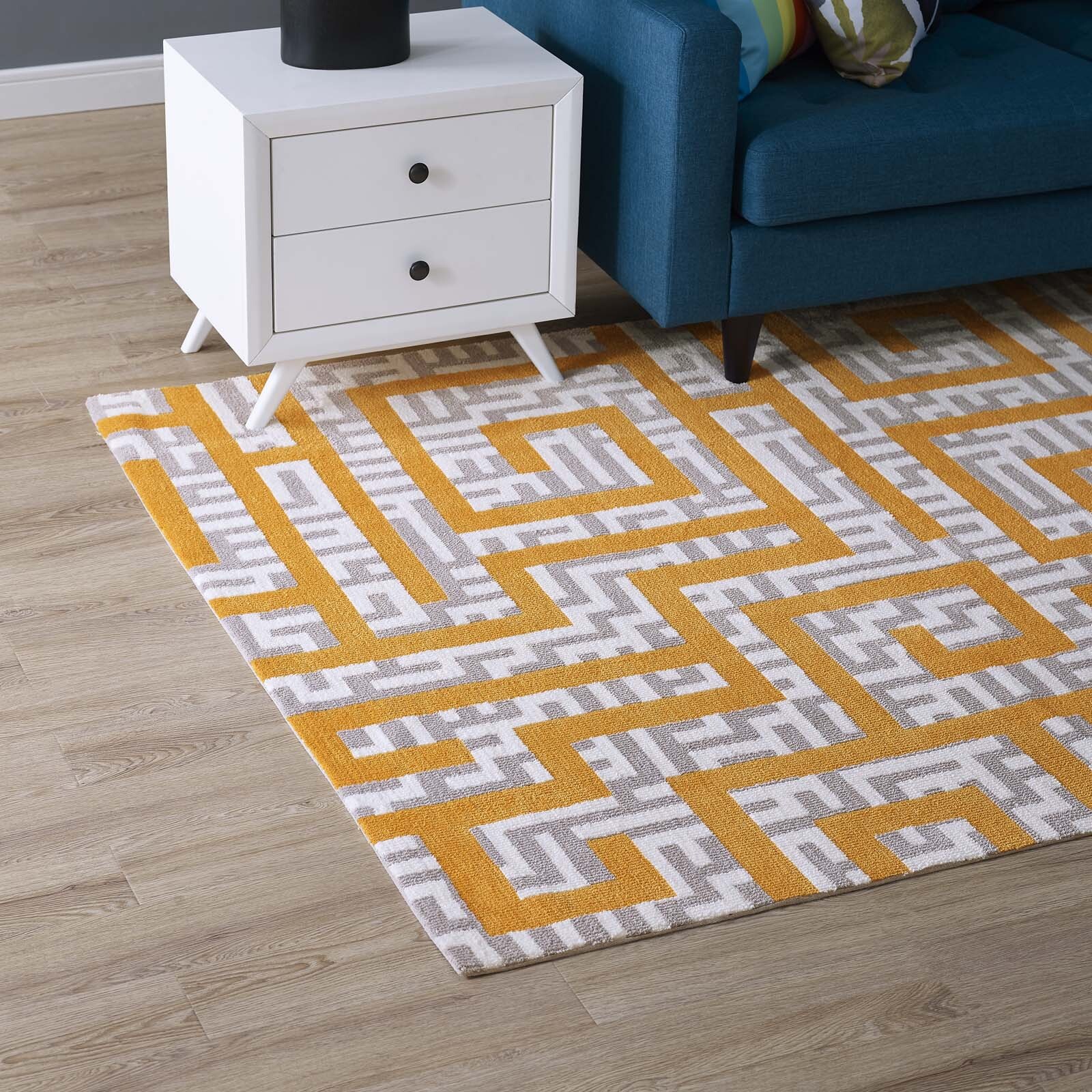 Geometric Maze Microfiber 8×10 Area Rug in Ivory, Light Gray and Banana Yellow