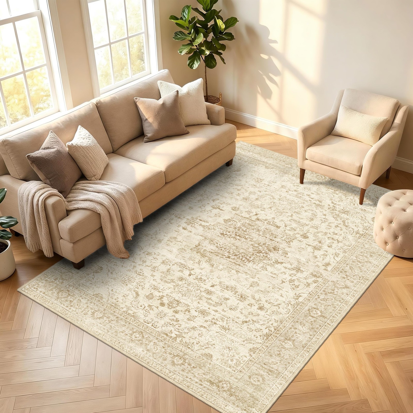 Beige Washable Rug 5×7,Non-Slip Neutral Vintage Boho Carpet Thin