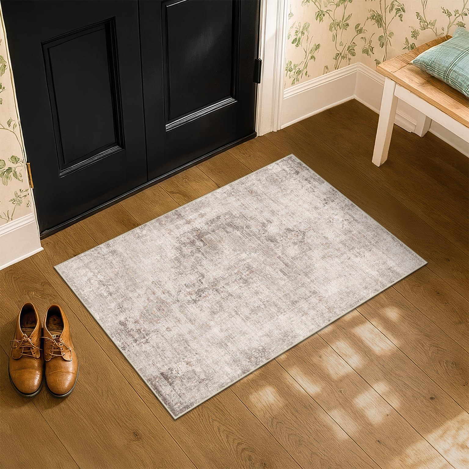 Beige Brown 2×3 Washable Non Slip Bathroom Rug for Entryway Indoor, Low Pile …