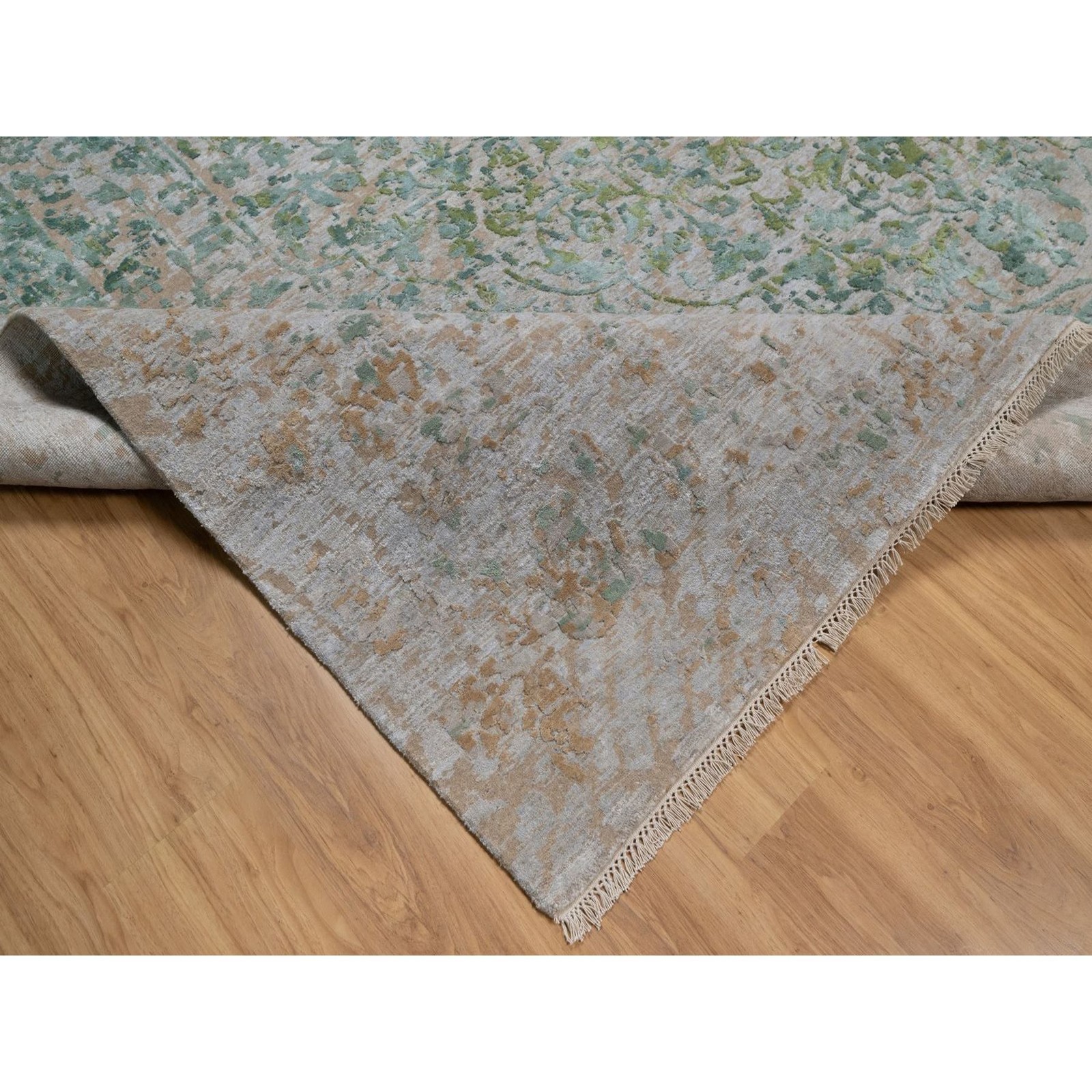 11’10″x15’1″ Green Erased Medallion Design Hand Knotted Wool & Silk XL Rug 92462