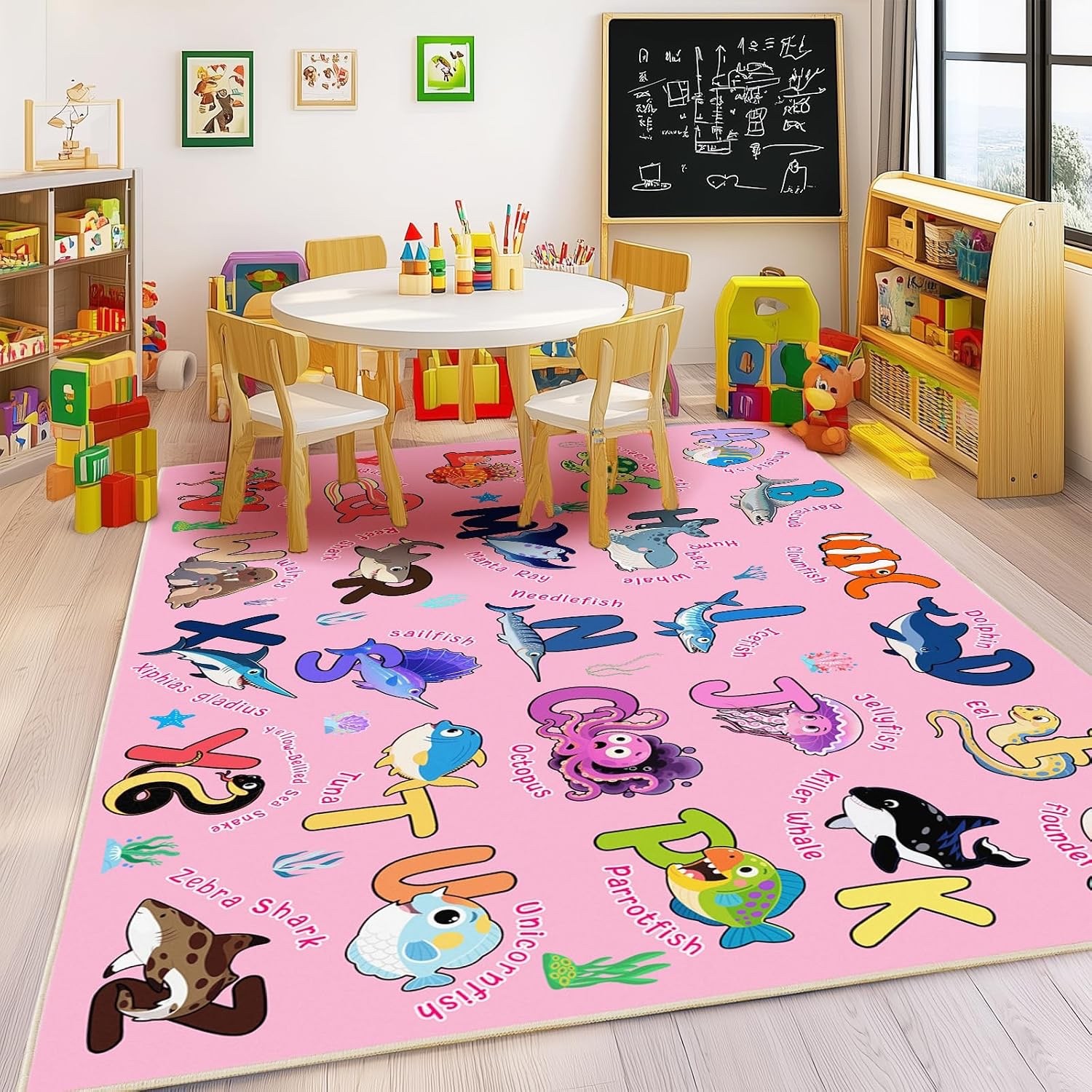 5x7ft Ocean Theme Educational ABC Alphabet Pink Children’s Rug, Machine Washable