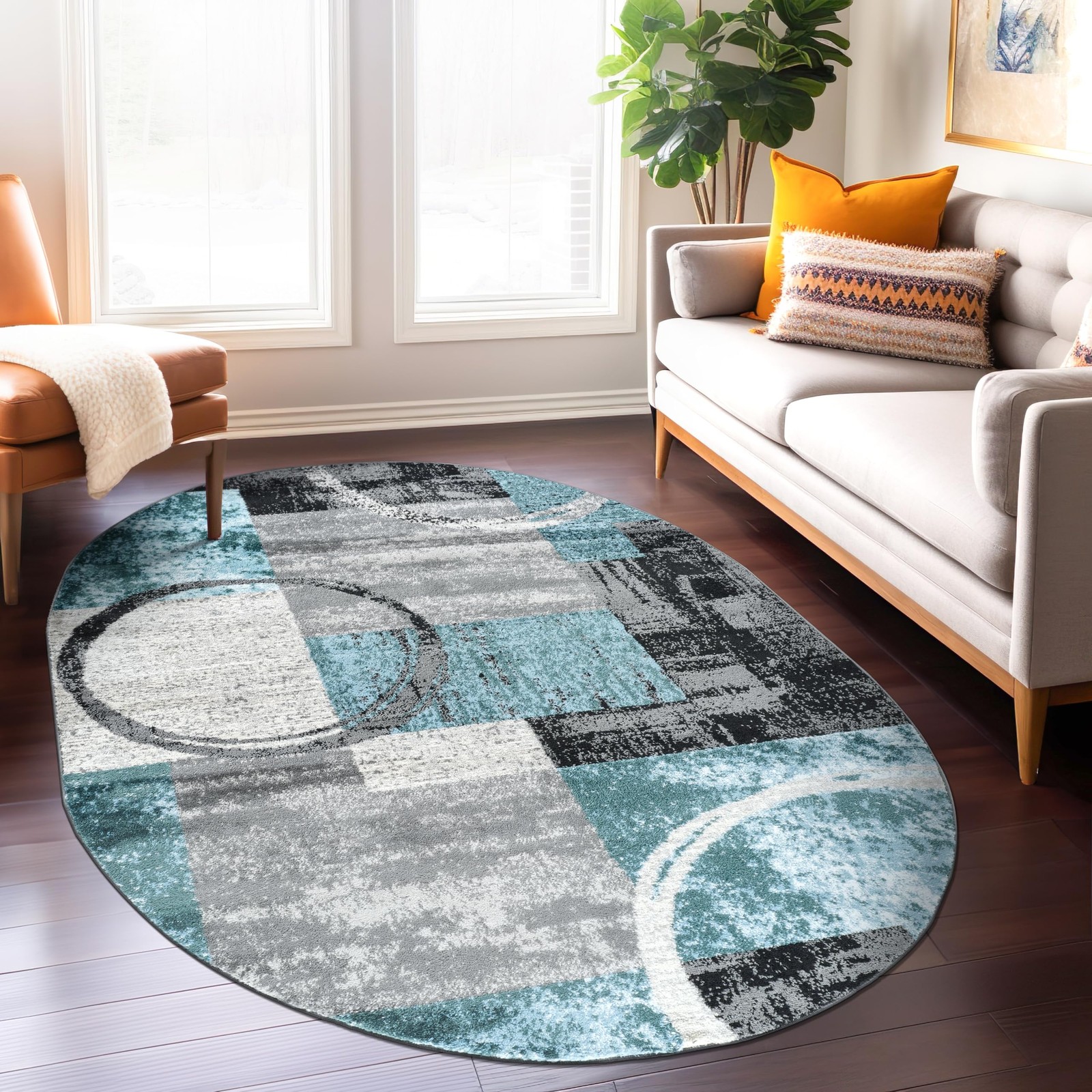 Elegant Abstract Circles Grey Area Rug 5×7 Premium Polypropylene Fabric