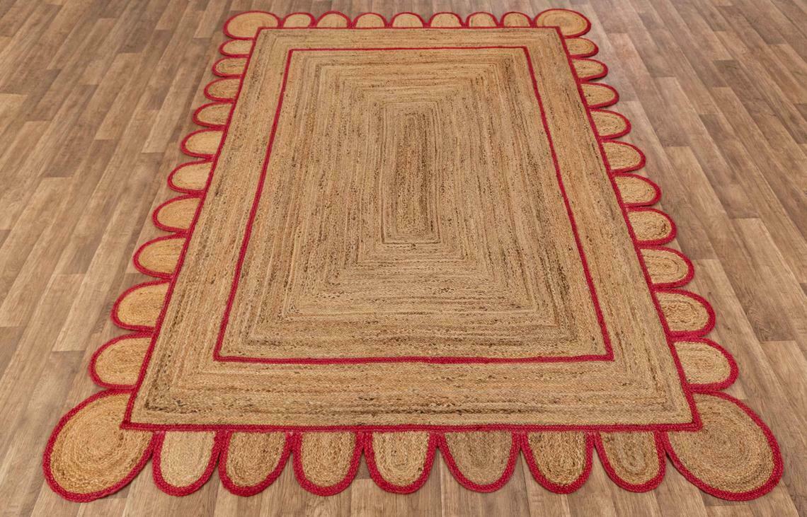 Red Border Scallop Rug Natural Jute Hand Braided Living Room Rug