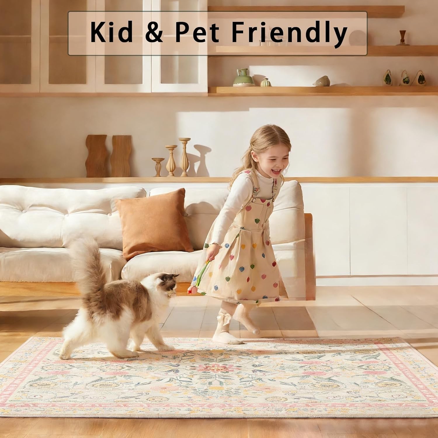 Pale Pink Rug for Girls Room, 5×7 Floral Washable Area Rug Non Slip, Boho Low…