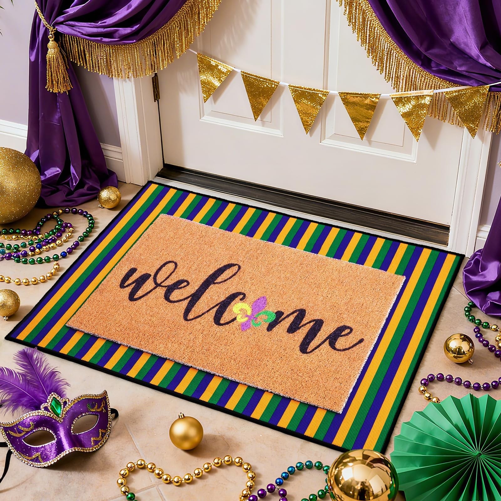 2 Pcs Mardi Gras Welcome Doormat, Welcome Mardi Gras Masks Mat, Carnival Fleu…