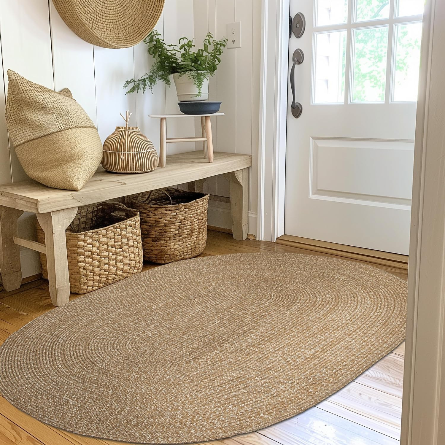 Beige Braided Rug – 3×5 Ft Indoor/Outdoor Farmhouse Entryway Decor