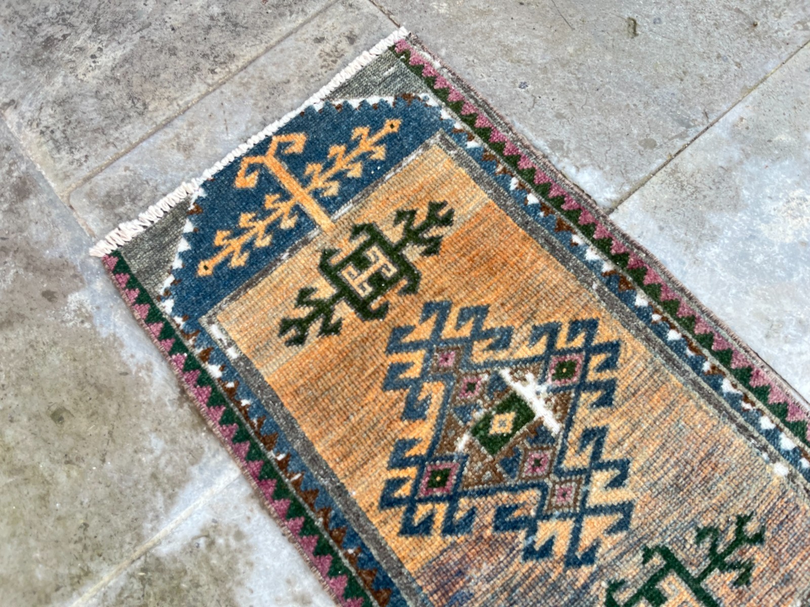 Vintage Turkish Small Rug 1.3×2.6 ft Anatolian Tribal Wool Distressed Mat