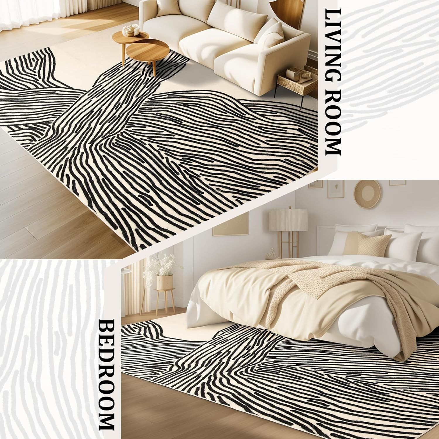 Modern 5×8 Ft Non-Shedding Washable Striped Area Rug – Black & White