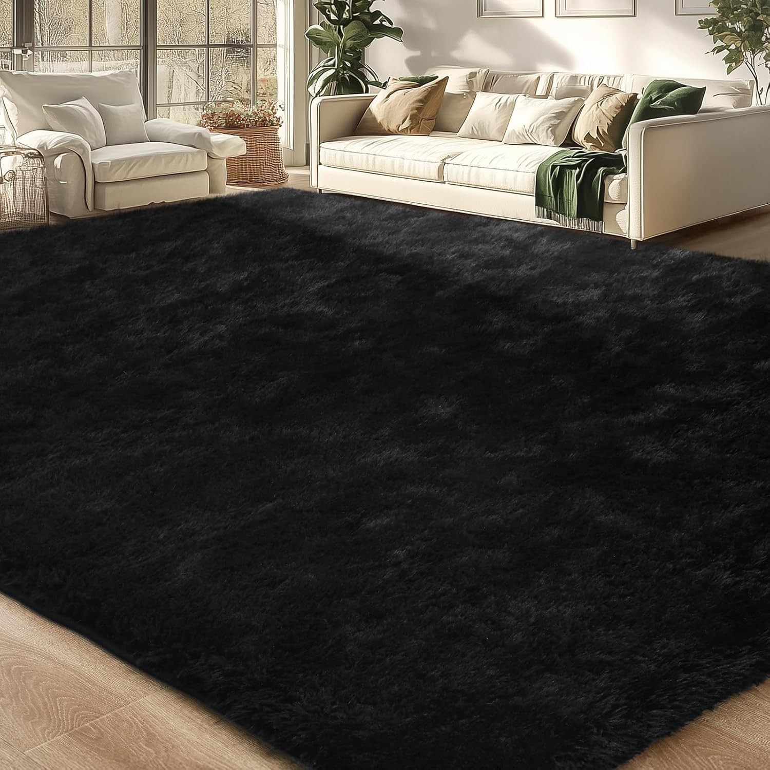 Modern Black Fluffy Area Rug – Cozy Washable Carpet for Bedroom & Nursery