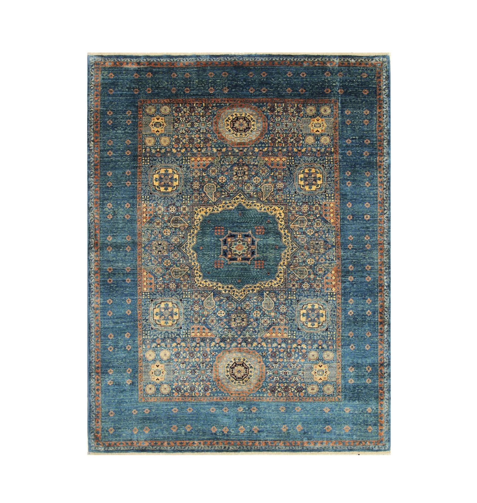 4’10″x6’4″ Blue Mamluk Afghan Hand Knotted Wool Medallion Rug