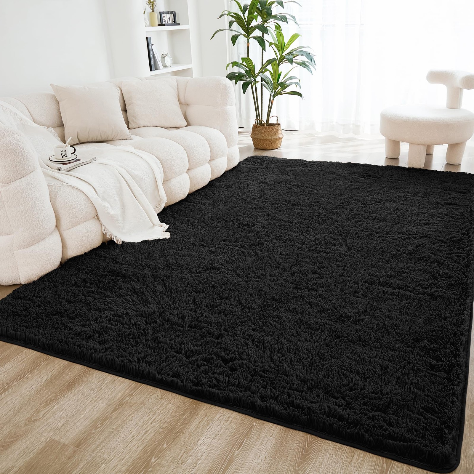 Litanika 4×6 Shag Area Rug for Bedroom, Black Plush Rug