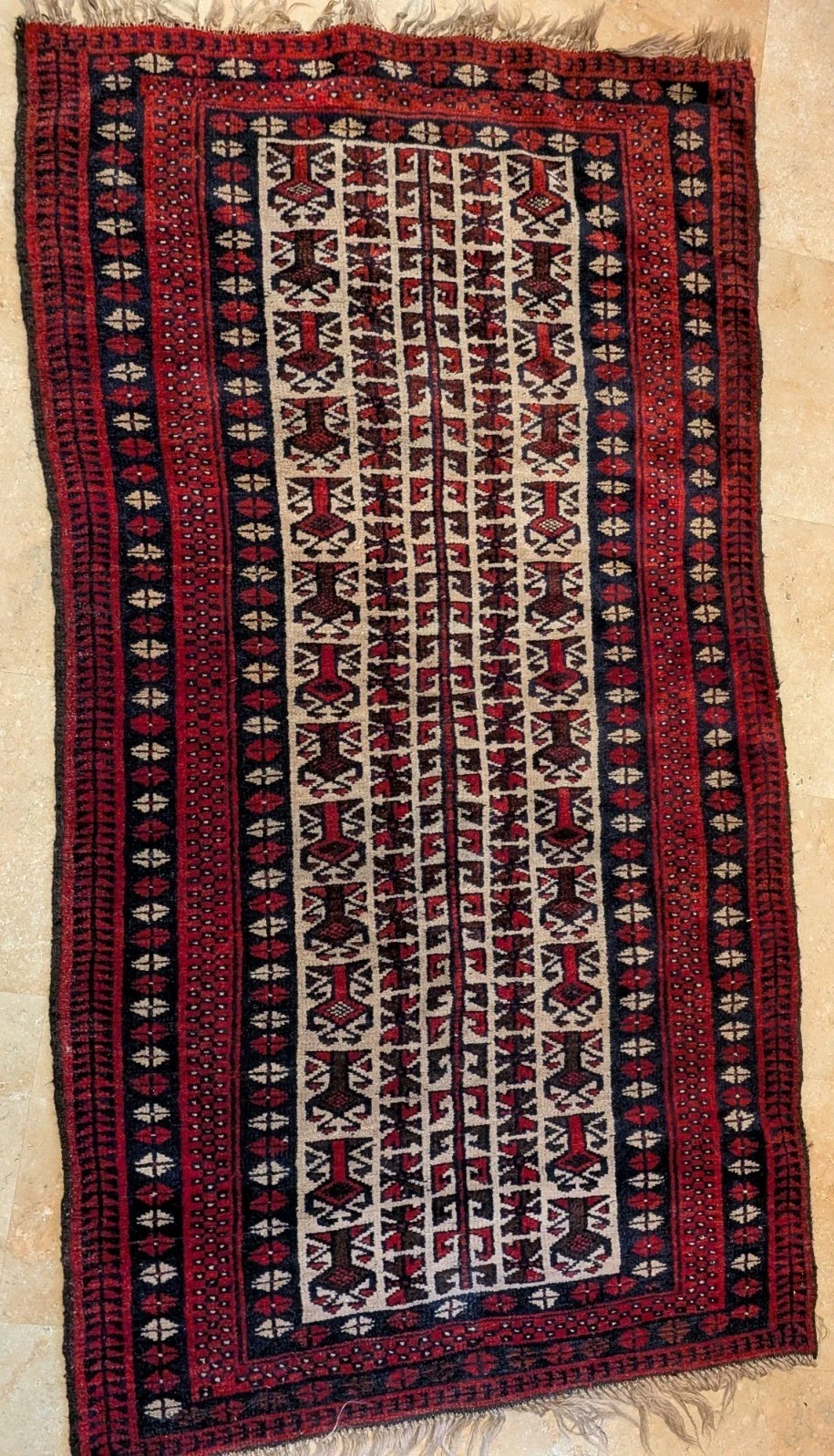 Handmade Baluchi Tribal Geometric Area Rug 3×6 ft Red/Black/Ivory