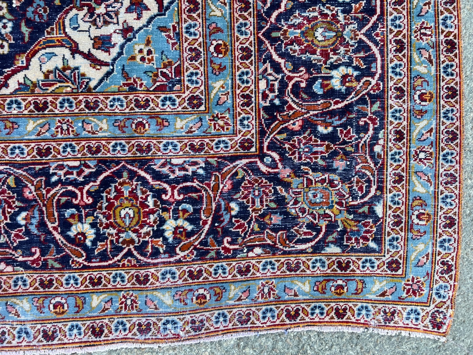 10×13 Natural Wool Red Rug: Navy Bordered Hand Knotted Rug