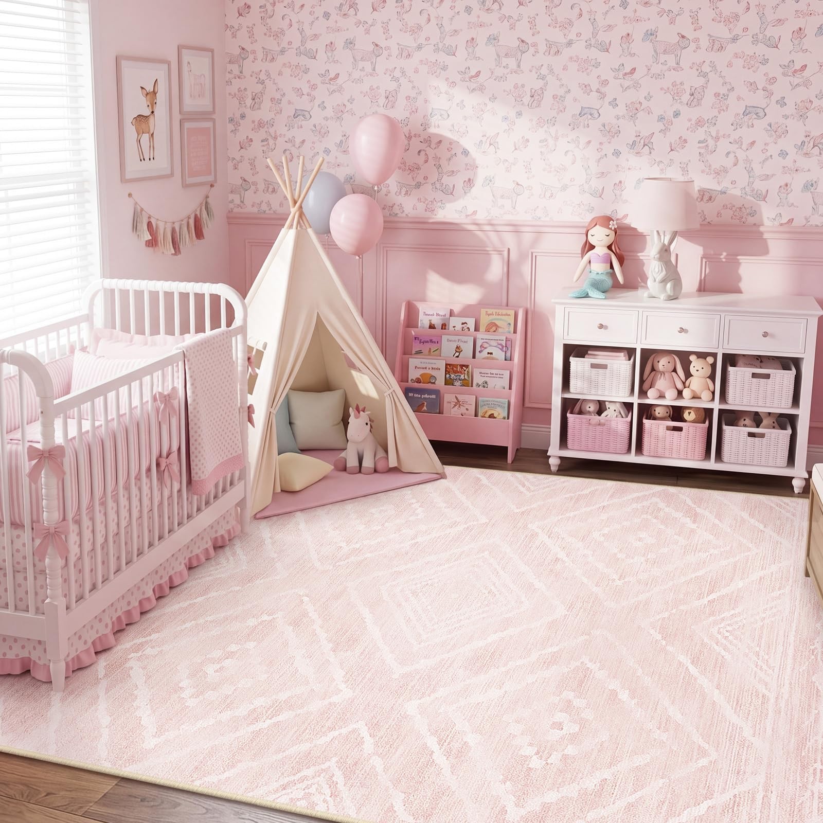 5×7 Area Rug Washable Low Pile Western Print Entryway Tribal Light Pink Cream