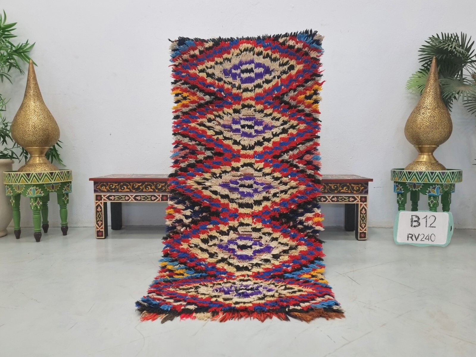 Moroccan Handmade Vintage Rug 2’4×5’3 Berber Geometric Red & Blue Cotton Rug