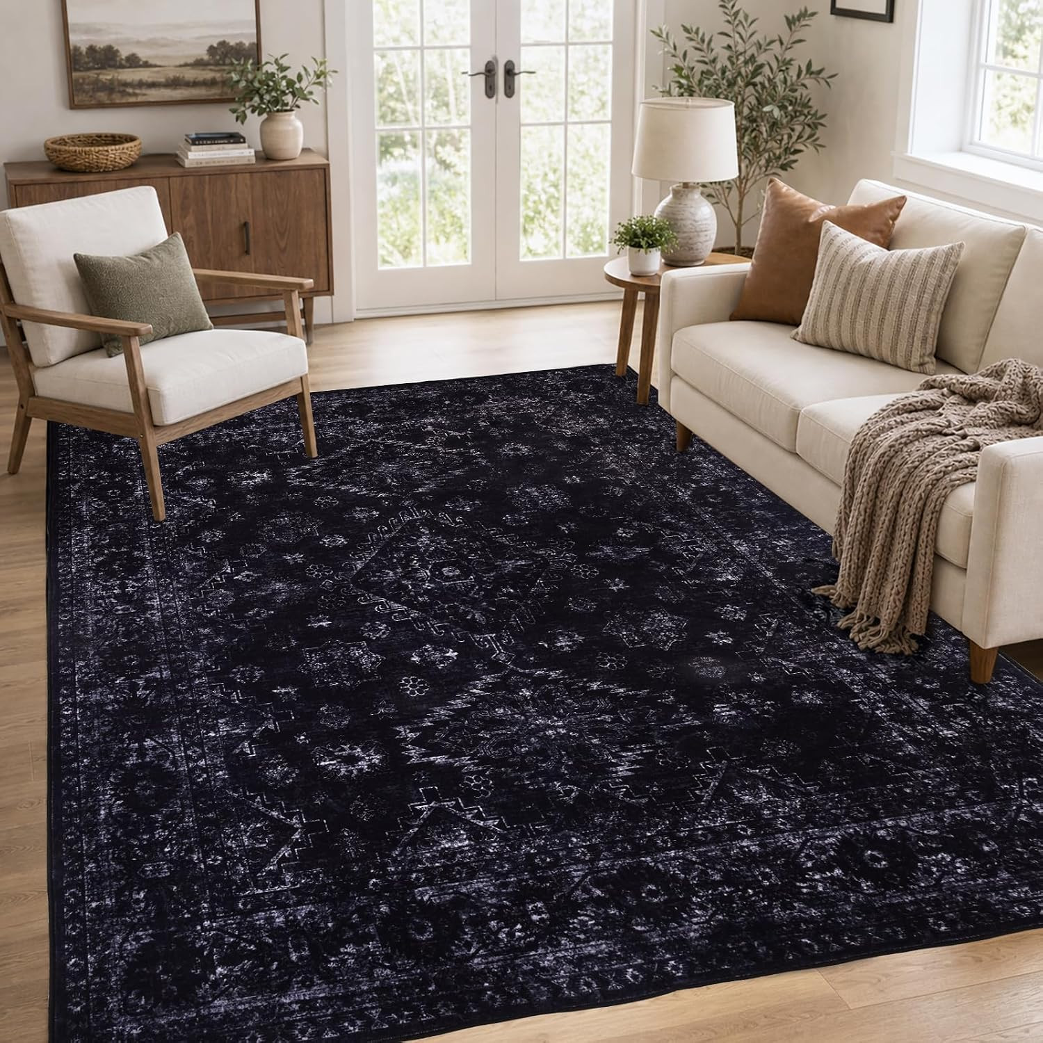 4X6 Area Rug, Vintage Machine Washable Rugs for Living Room, Non-Slip,Black | Fa