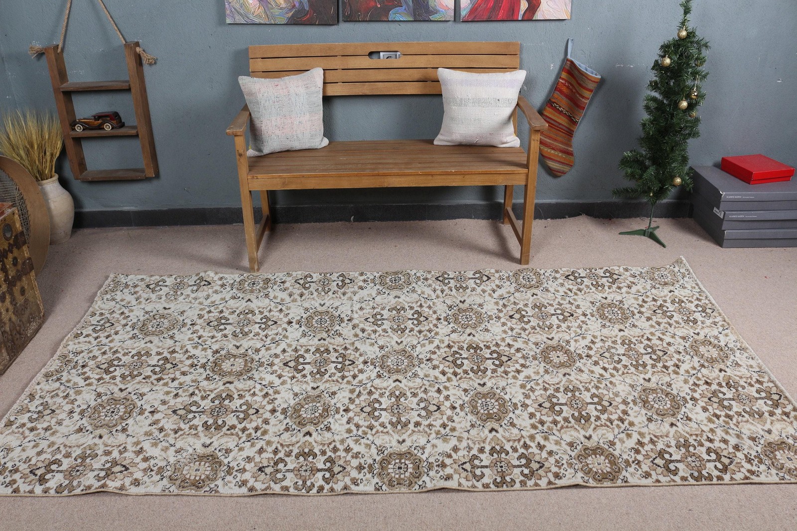 Turkish Rug, 4,2×8 ft Area Rug, Brown Moroccan Wool Vintage Rug