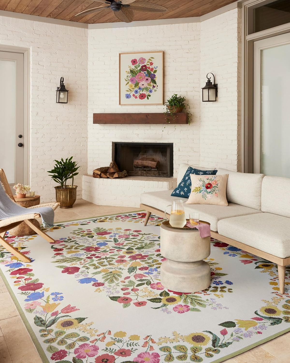 Loloi Rifle Paper Co. Blossom Area Rug 6’7″ x 9’4″ Indoor/Outdoor Cream