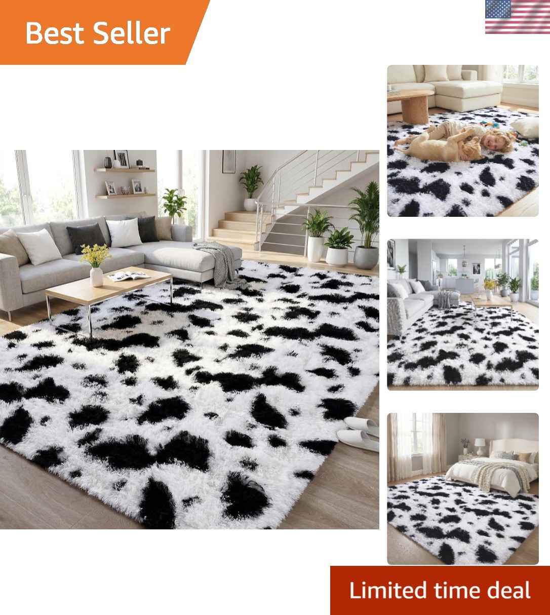 Elegant 4×6 Fluffy Black & White Cow Hide Print Rug – Non-Slip, Washable Comfort
