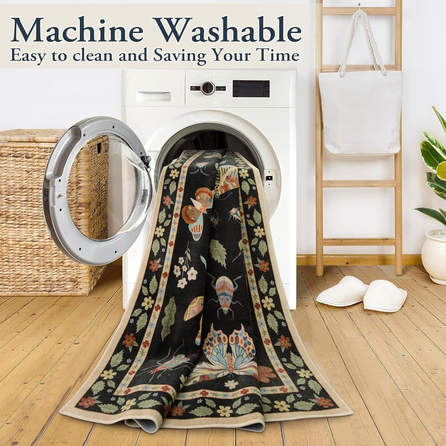 Soft Washable 9X12 Insect Area Rug, Stain Resistant Non-Slip Carpet, Black