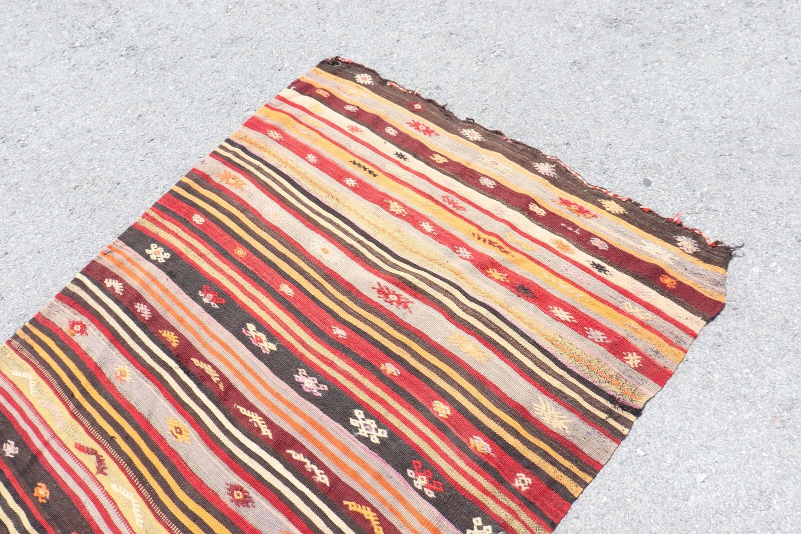 Vintage Turkish Rug 4×6,2 ft, Red Kilim Striped Rug