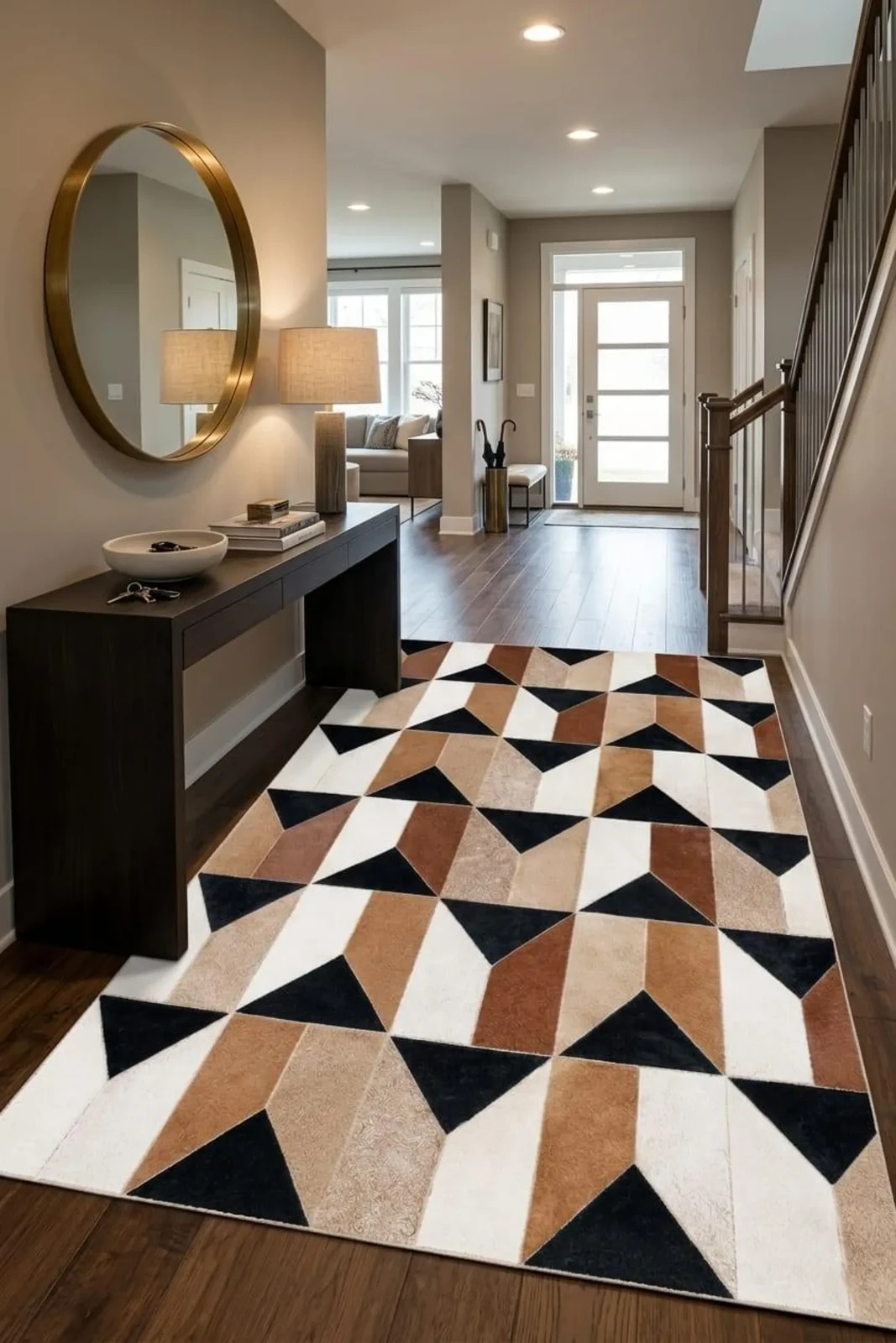 Modern Geometric Cowhide Patchwork Area Rug Handmade Leather Carpet Black Brown