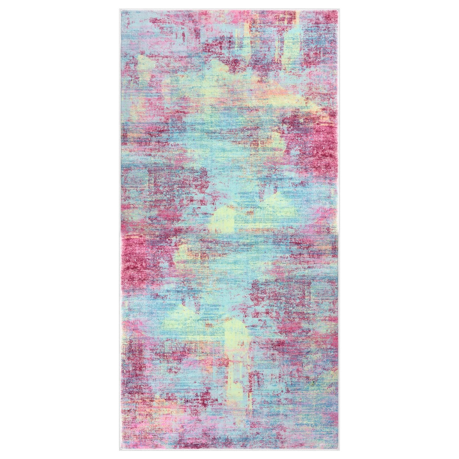 Abstract Runner Rug 2×4 Ft Pink Teal Washable Non-Slip Rubber Backed – Indoor
