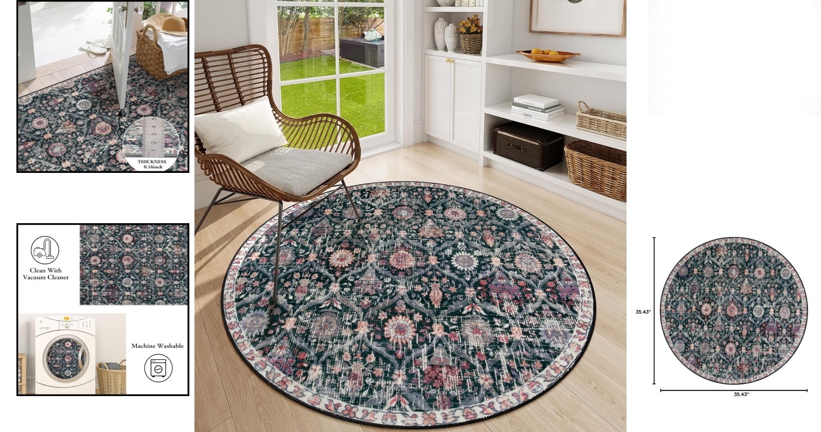 Soft Vintage Moroccan Round Rug – 3ft Washable Carpet for Home Safety & Style