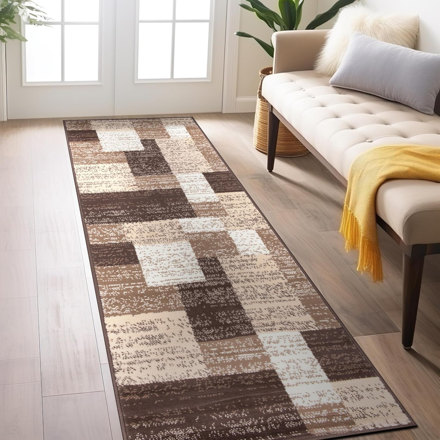 Contemporary Distressed Boxes Soft Runner Rug 2’X7′ Brown