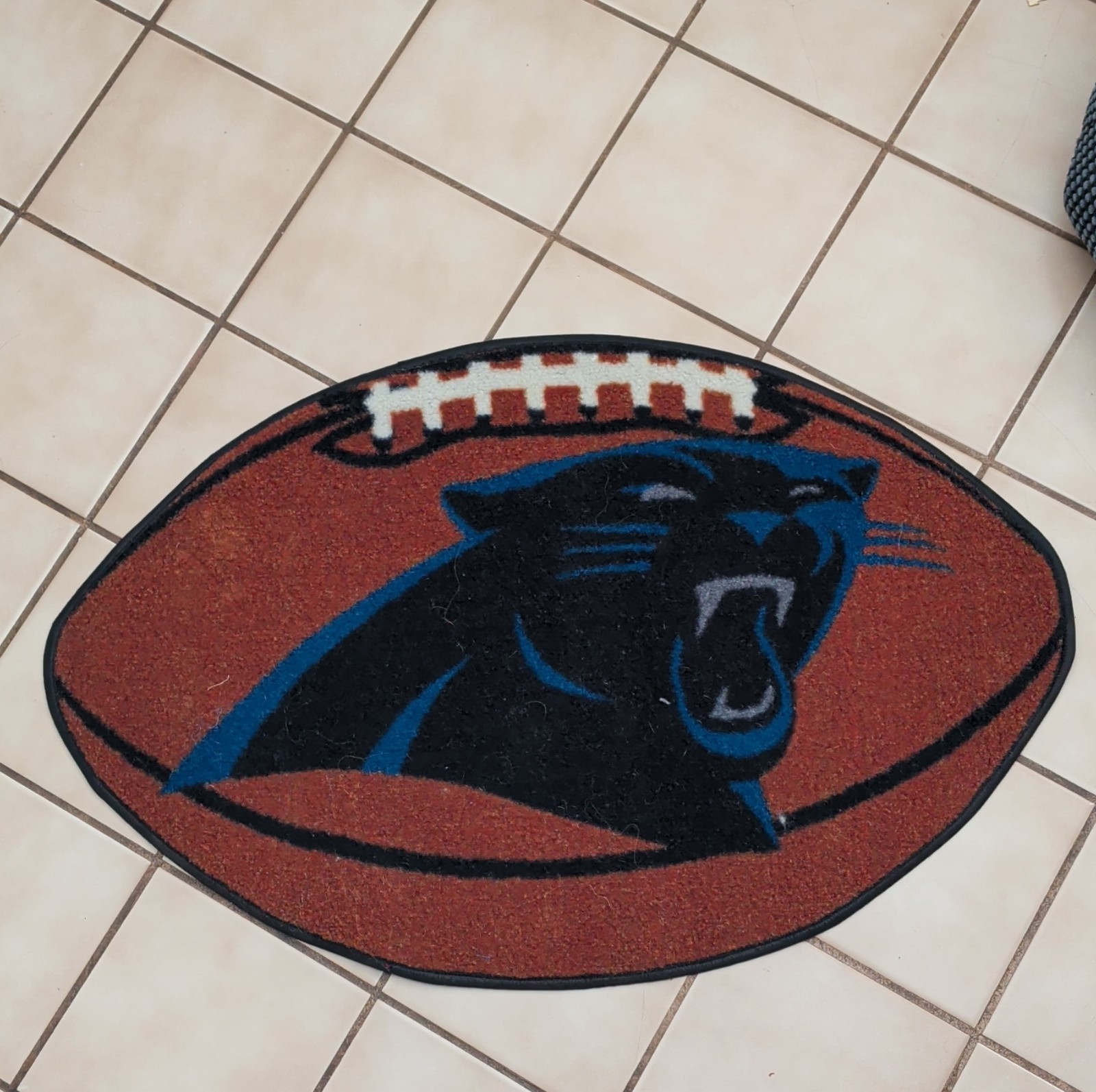 Carolina Panthers Football Shaped Area Rug Brown Black Blue White Sports Theme