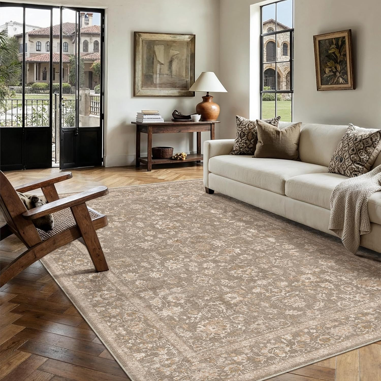 5X7 Deep Brown Area Rug Non Slip Vintage Living Room Distressed Machine Washable