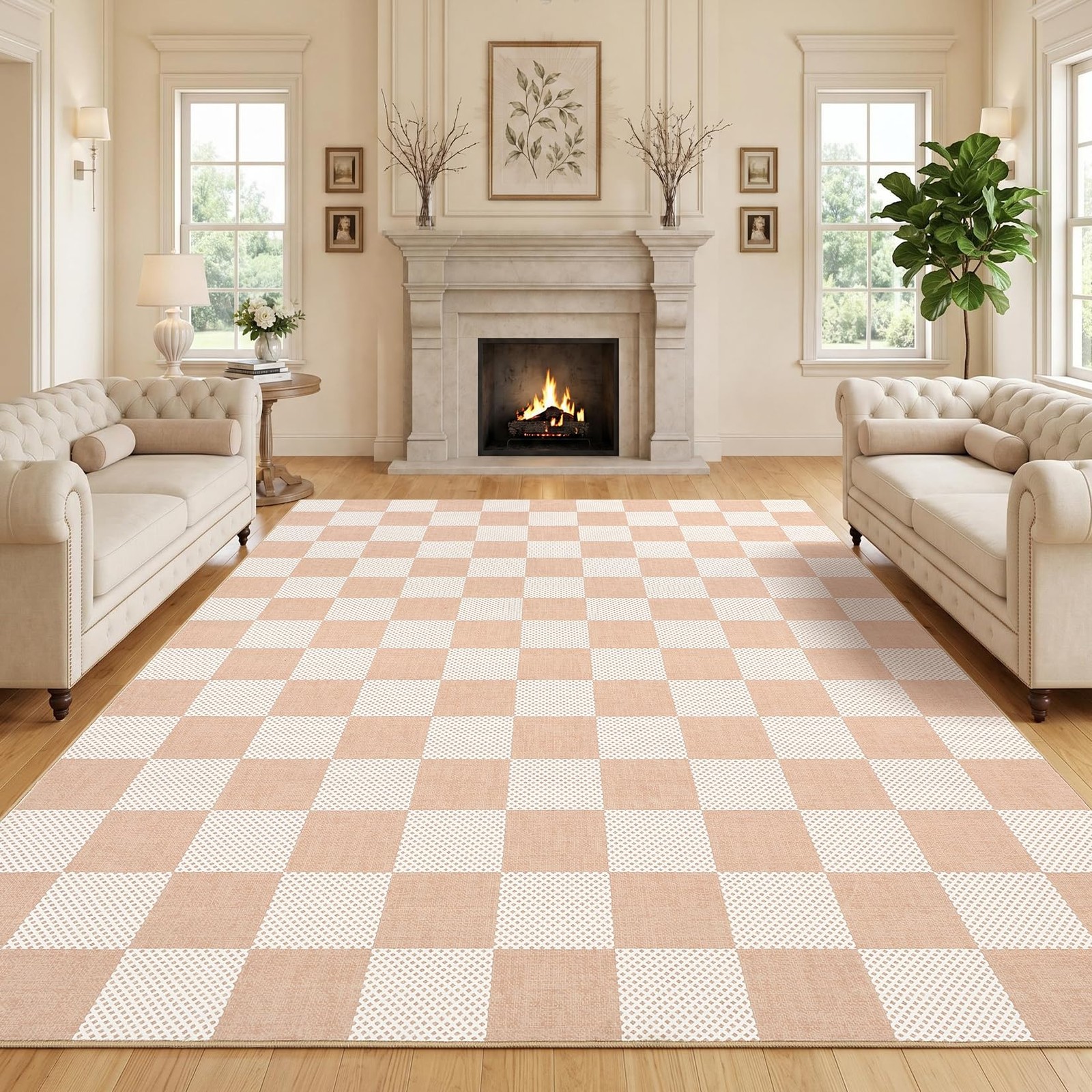 Checkered Blush Beige 8×10 Washable Rug Low-Pile Bedroom Nursery