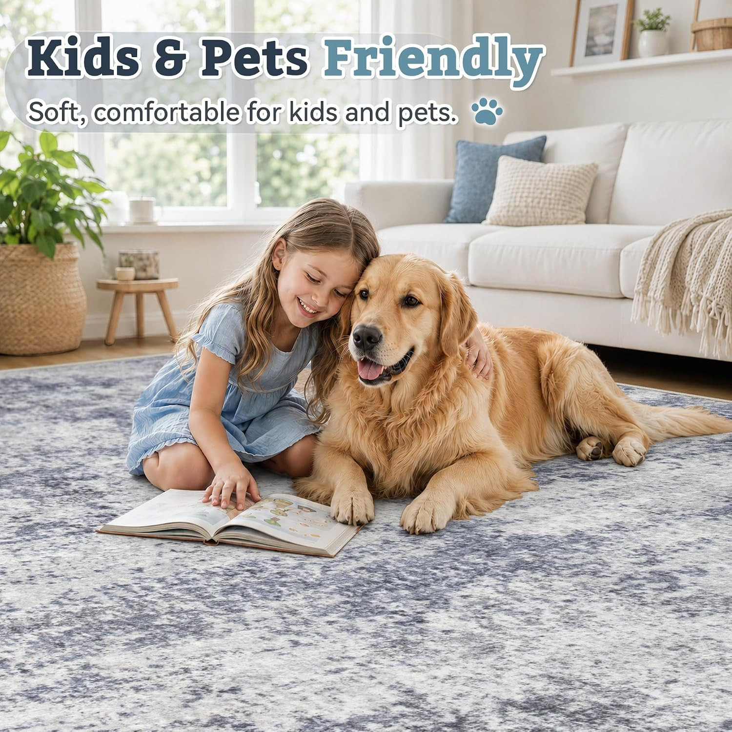 8X10 Area Rugs for Living Room: Washable Abstract Rug Blue Grey | Modern Neutral