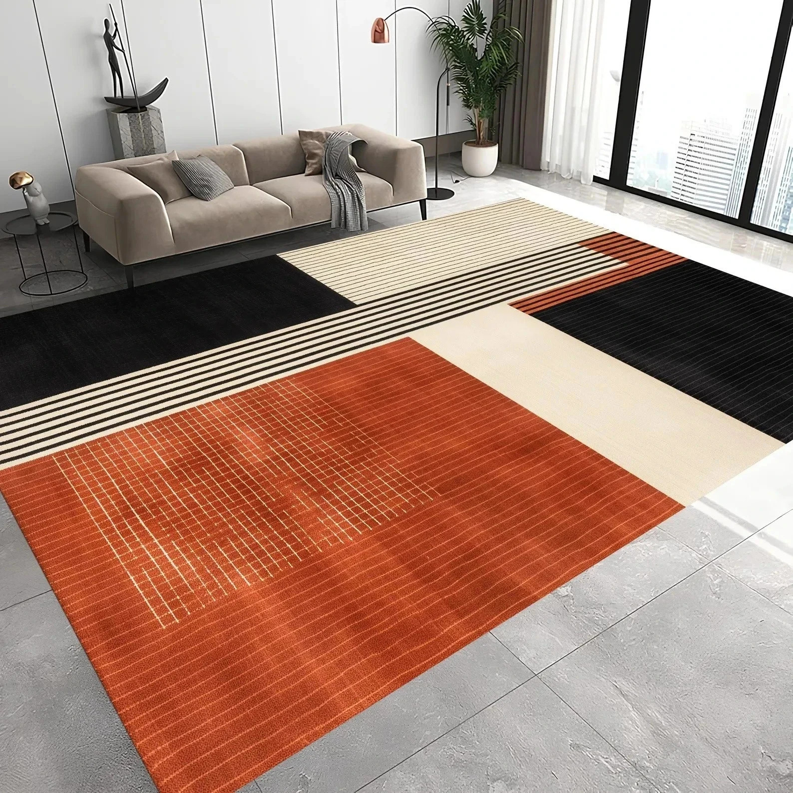 New Modern Styles Abstract Orange Black Cream Area Rug Hallroom Bedroom Carpet
