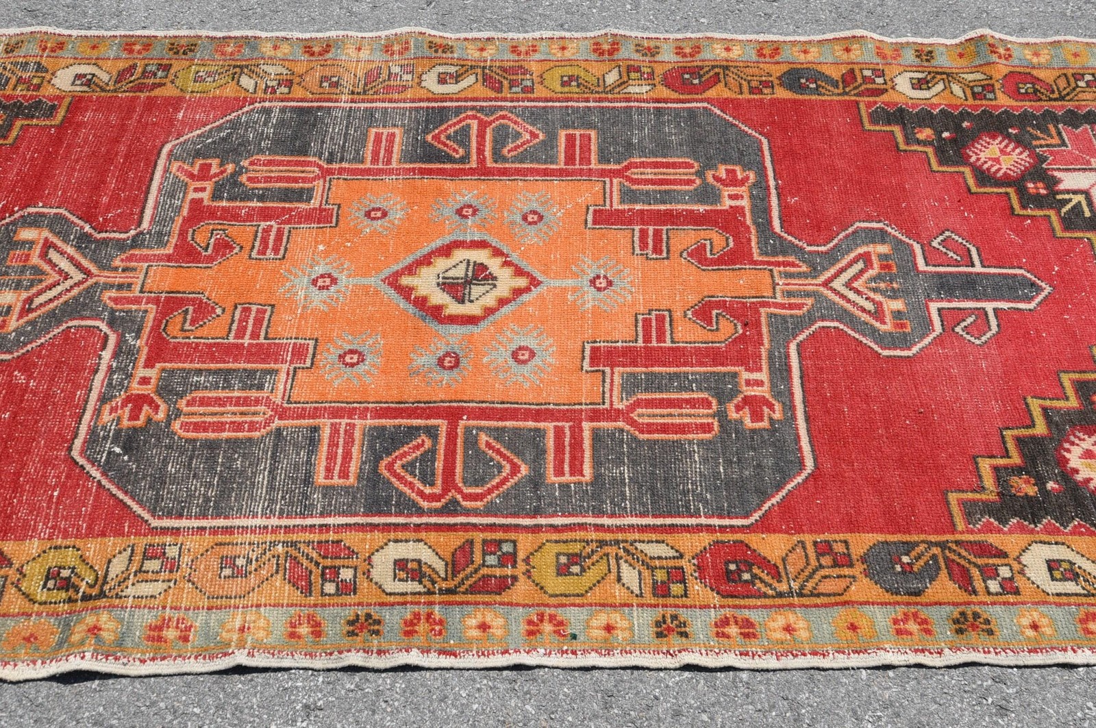 Vintage Rug, 4,4×9,4 ft Large Rug, Red Orange Wool Rug