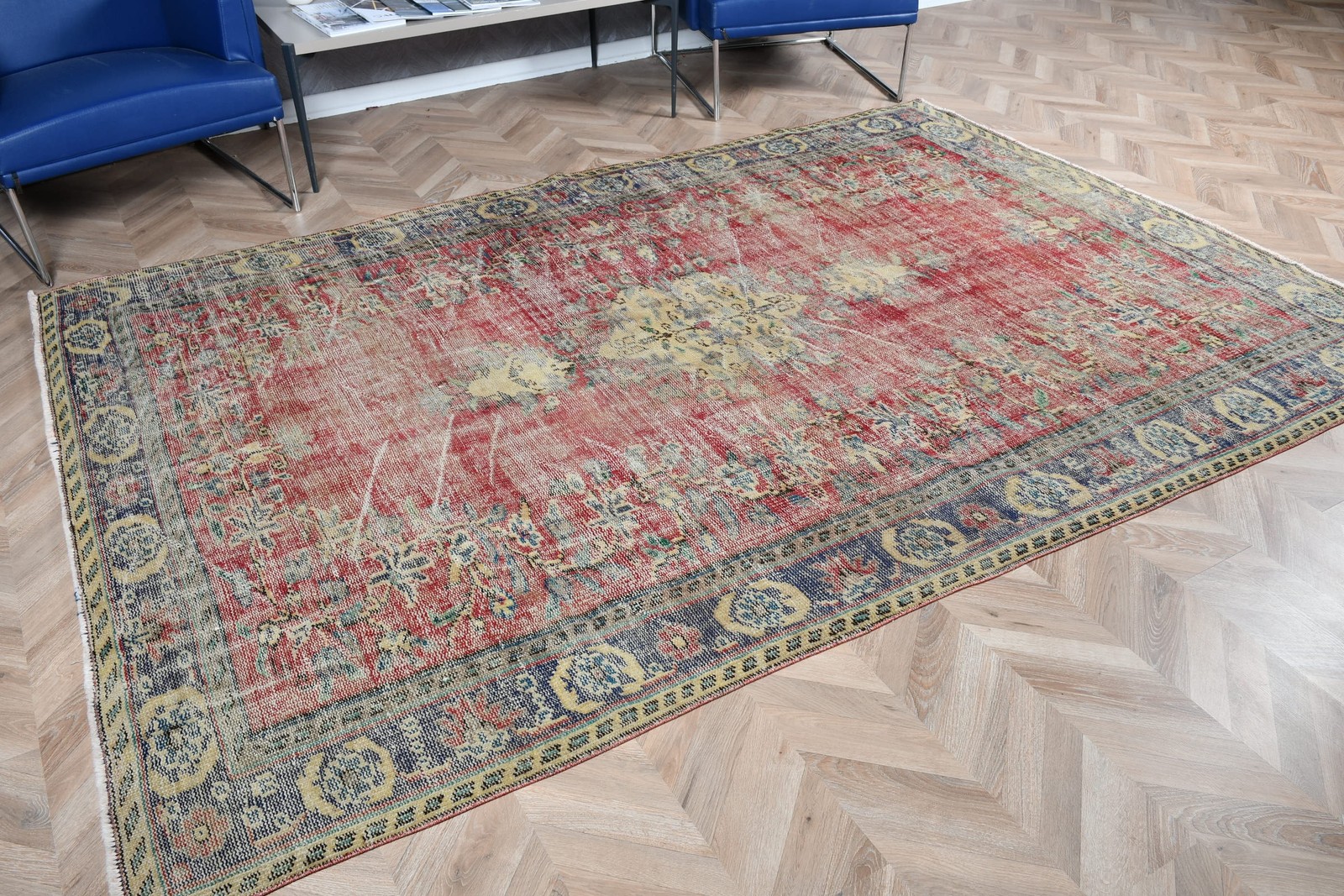 Turkish Large Rug, 6,3×9,1 ft Vintage Rug, Red Floral Wool Rug