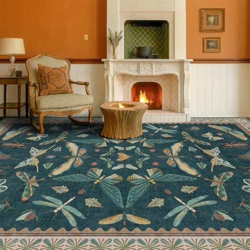 Oriental Blue and Green Area Rugs for Living Room 6×9 – Insect & Butterfly