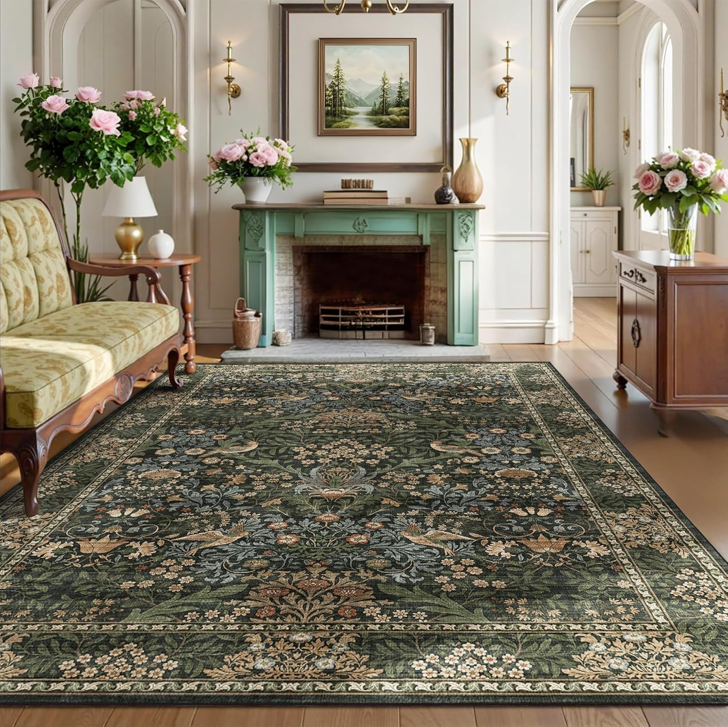 Vintage Boho Floral Washable Area Rug for Living Room & Bedroom, Non-Slip