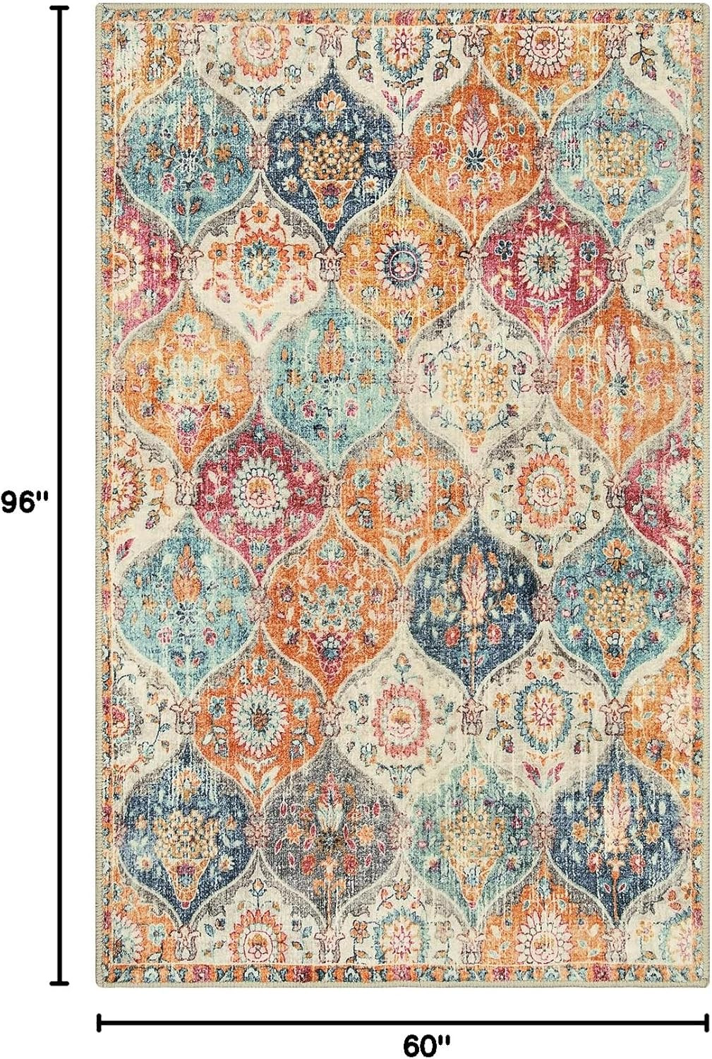 Moroccan 5×8 Ultra-Thin Washable Area Rug for Living Room & Bedroom, Cream/Multi