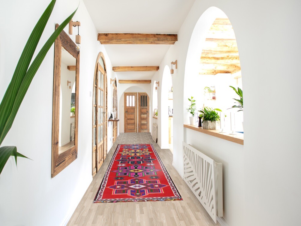 Natural Dye Bohemian Anatolian Turkish 14′ Runner Rug Hand-Knotted Red 3×14 ft