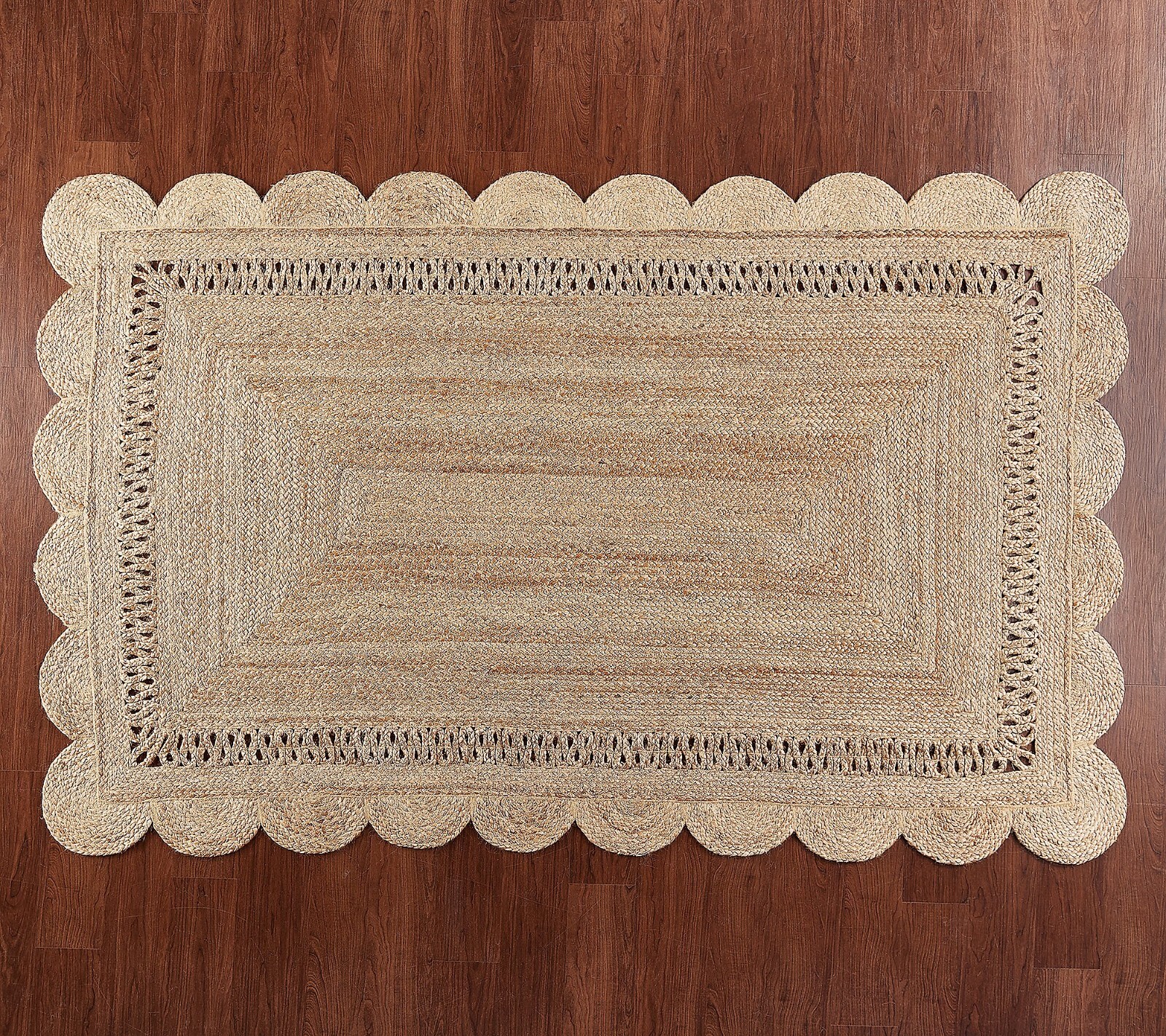Rug Jute Braided Style scalloped Edge Rectangle Carpet Mat Modern Area Jute Rug