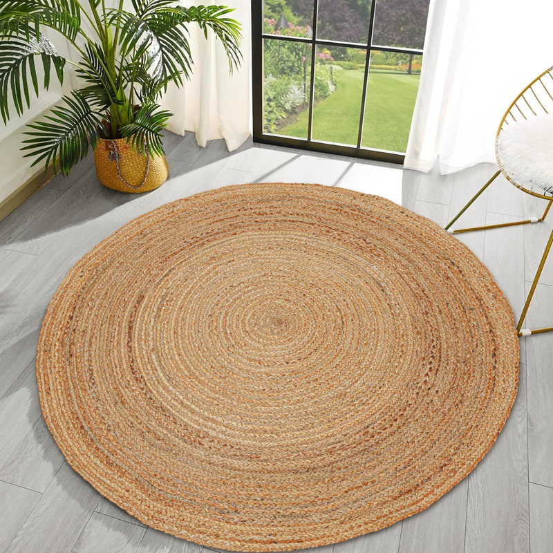 Riangi Hand Woven Jute Area Rug – 6 Round – Rustic Beige Reversible Farmhouse