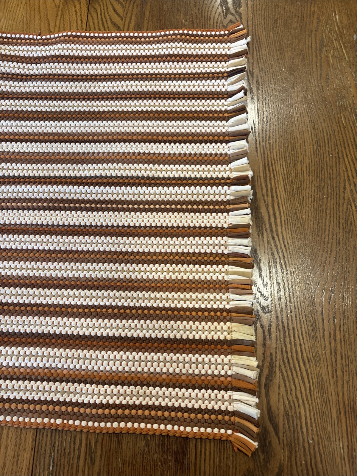 Striped Shades of Brown Woven 24×37” Rag Rug, Fringed Edge, Grannycore Boho