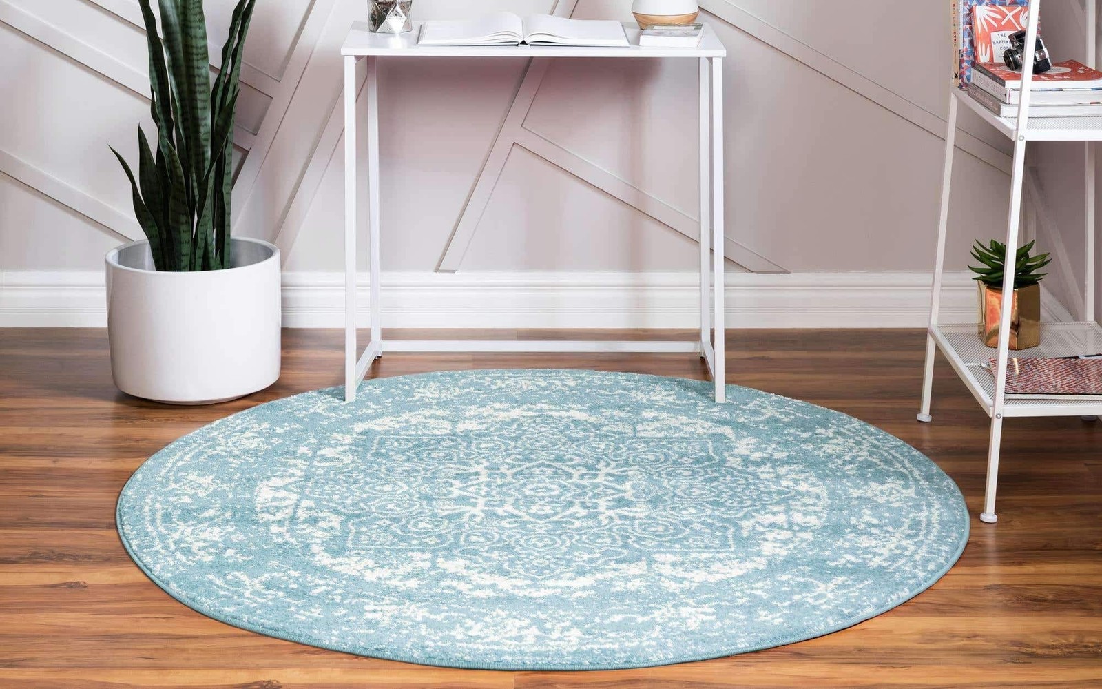 Area Rug 3′ 3″ Round Aqua Ivory – Polypropylene, Cotton Backing, Machine Woven