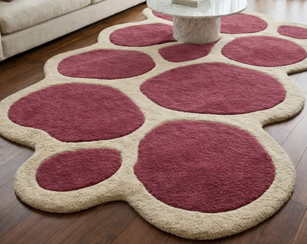Soft shaggy abstract rug cream and rose pink stone pattern floor carpet.