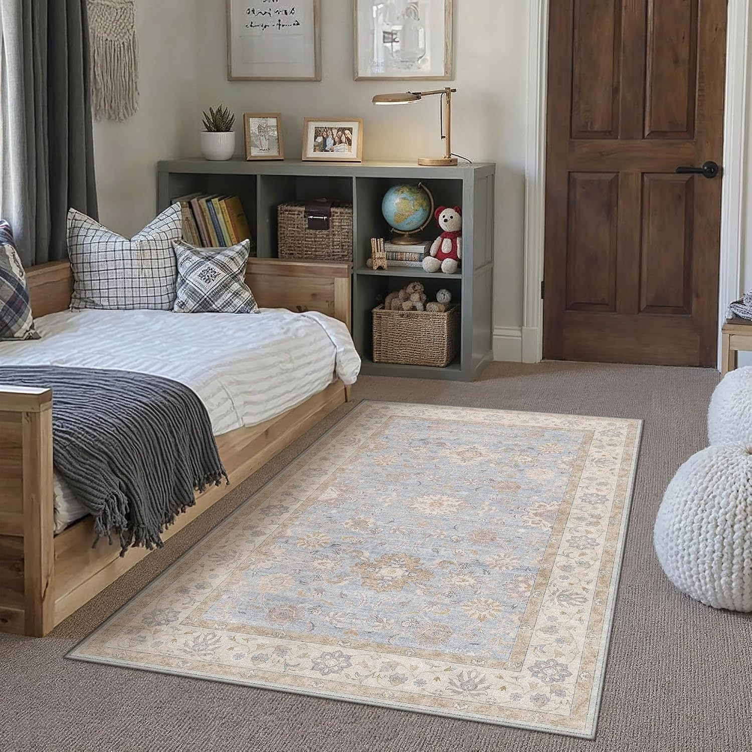 3X5 Area Rug Blue Vintage Netural Washable Living Room Carpet | Bedroom, Dining