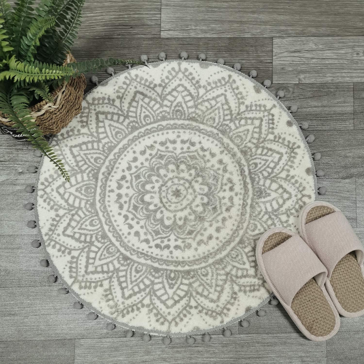 Small round Rug 2’ Boho Beige and Grey Bathroom Rug with Pom Poms Fringe Washabl