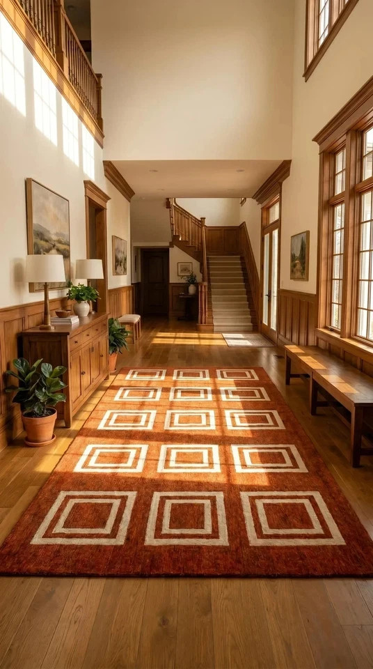Hand Tufted Wool Rug Rust Orange Geometric Squares Modern Entryway Decor Rug