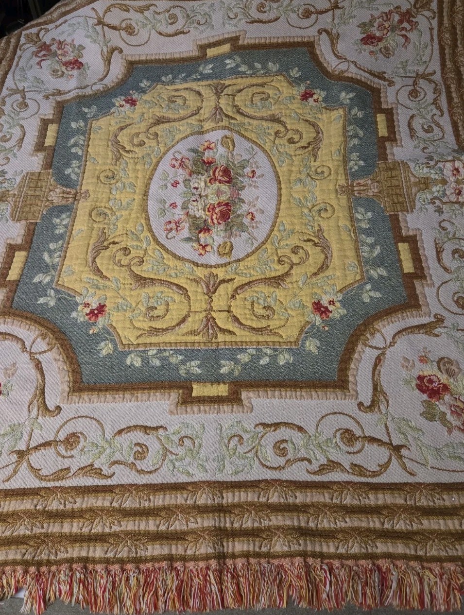 French Woven Floral Area Rug 100% Cotton Ornate Floral Colors, 48×52 , Rare