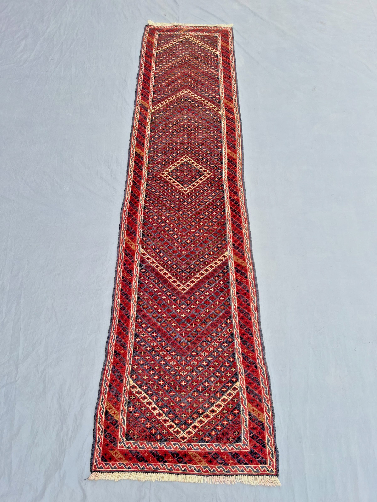 2’1 x 9’2 Ft Classic Afghan Mishwani Runner Rug – Deep Red Geometric Pattern Rug